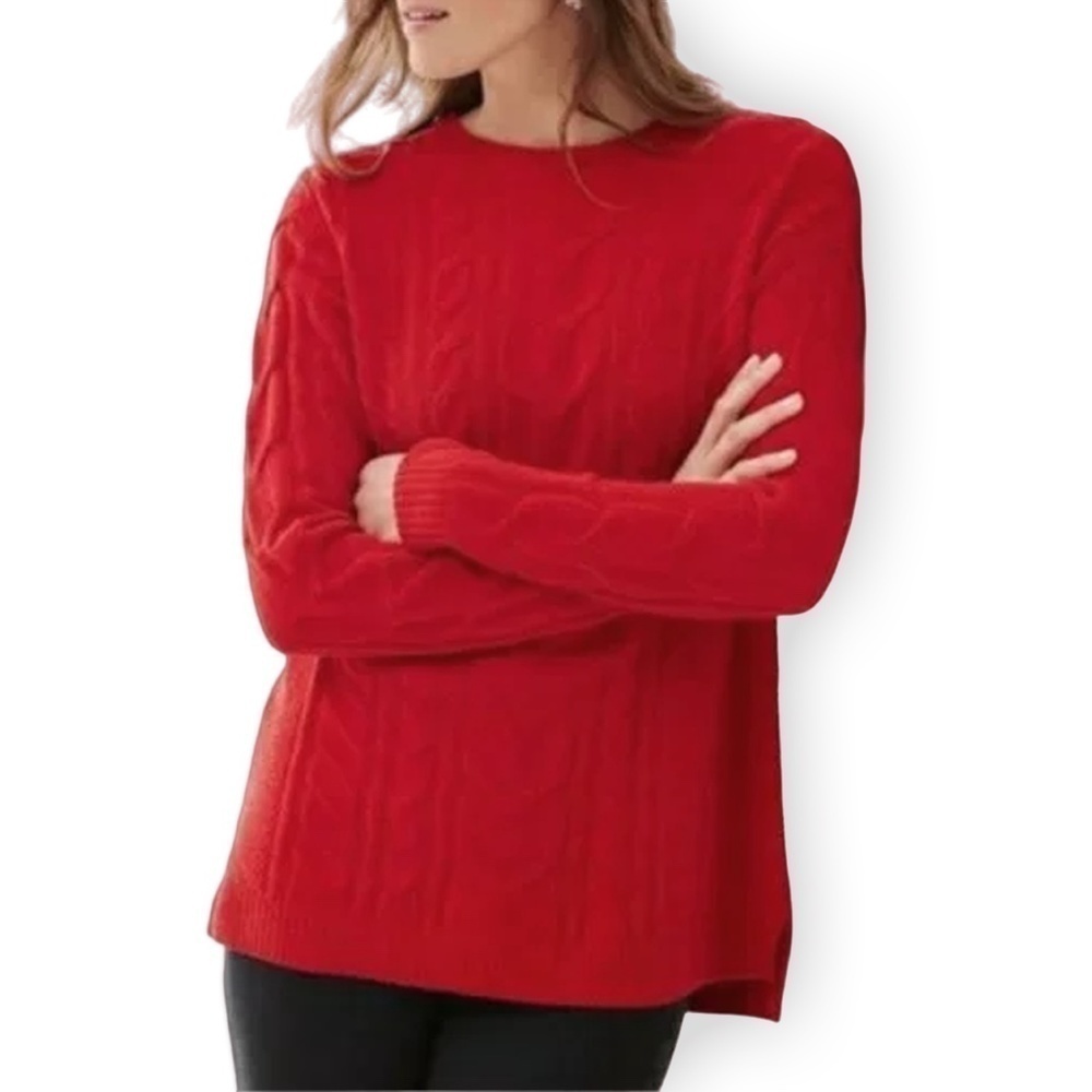 J. Jill Chenille Cable Knit Pullover Sweater Crew Neck Super Cosy Cherry Red